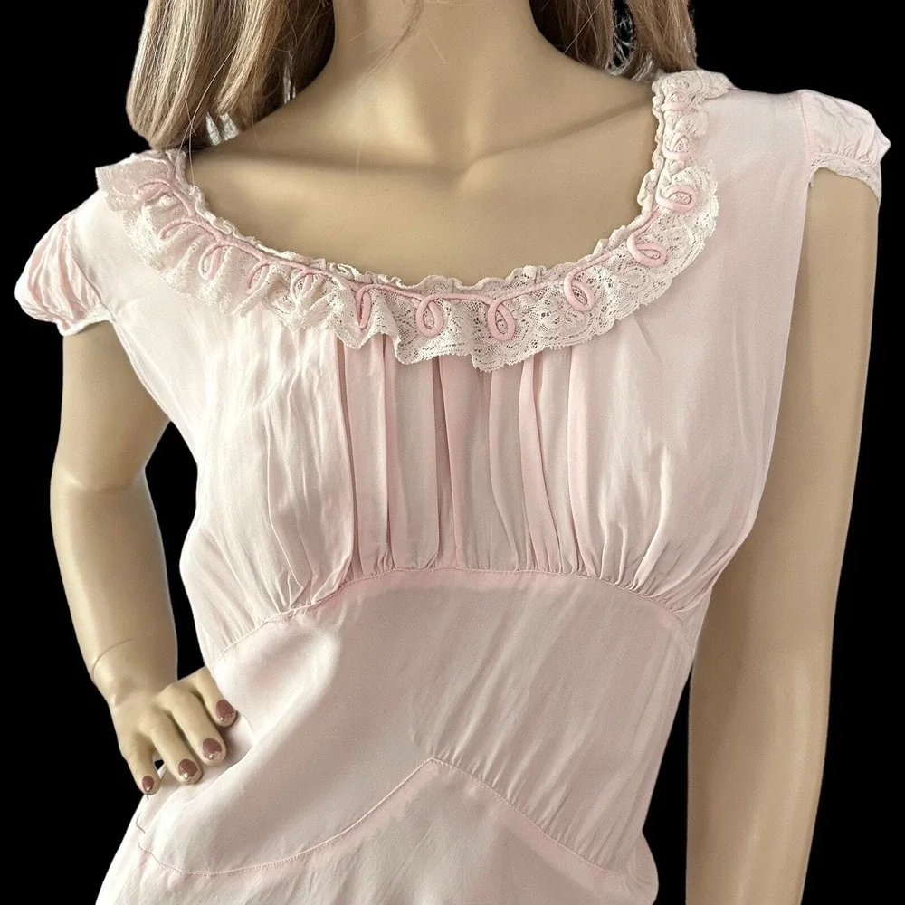 40s Pink Rayon Maxi Nightgown L Angelic Goddess Old Hollywood Coquette Glow Gaze